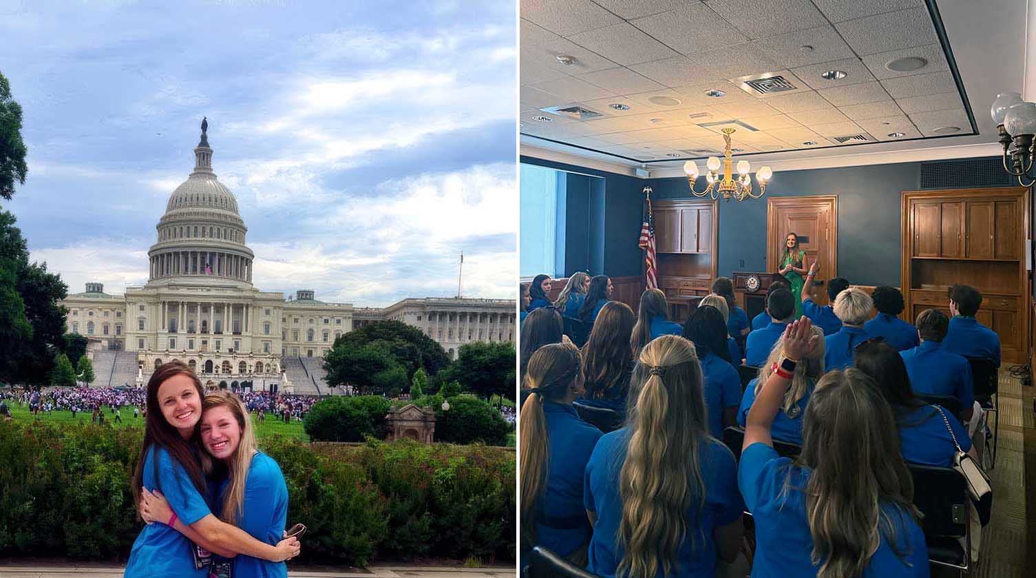 Hannah Eddins (left) in 2014 as a delegate at NRECA's Electric Cooperative Youth Tour. Now, she meets with delegates each summer in the Senate, where she works as deputy communications director for Sen. Tommy Tuberville. (Photos Courtesy: Hannah Eddins)